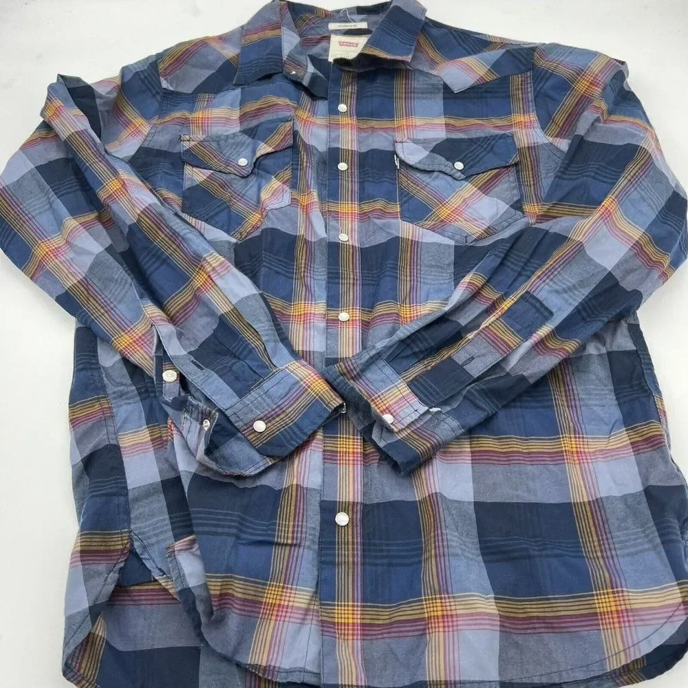 Levi's shirt Adult Large Standard Fit Blue Plaid Men's Pearl Snaps Western
